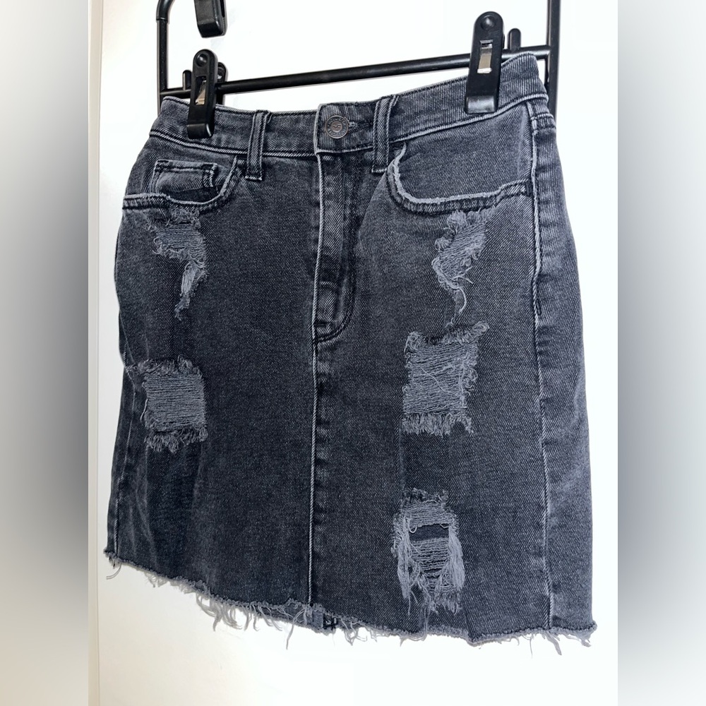 Hollister Y2K Mall Goth Grunge Whimsigoth Black Denim Frayed Mini SkaterSkirt 00